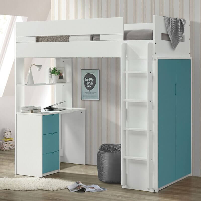 Lifted bed with a built-in dresser and desk.